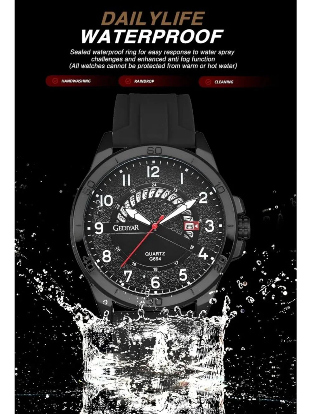 Men's Black Analog Quartz Silicone Strap Military Stylish Waterproof Wrist Watch
